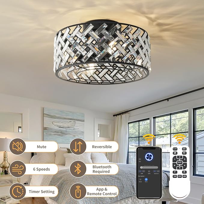 Black Small Bedroom Ceiling Fans with Lights and Remote 4-Light Crystal Black Farmhouse Flush Mount Fandeliers for Bedroom Quiet Fan Light Fixture, 18" Modern Chandelier with Fan 8 Blades