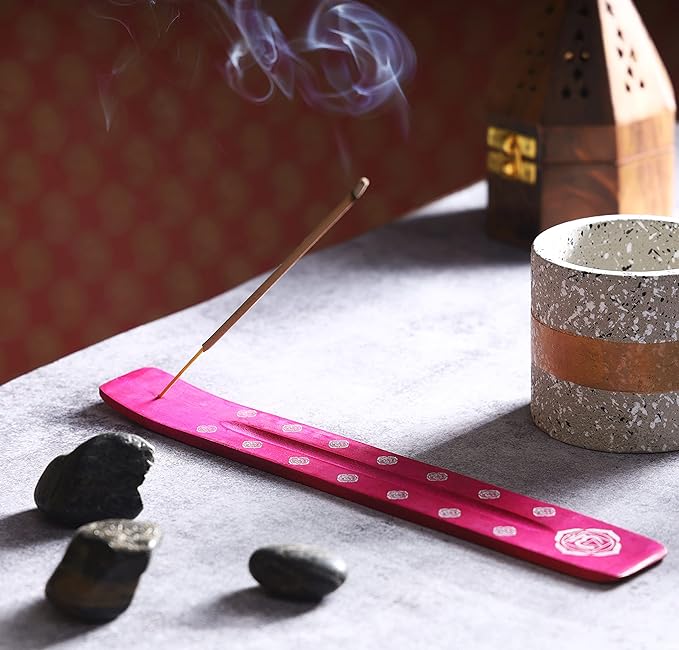 Bless-International Traditional-Handmade-Burner Wooden-Incense-Stick-Holder Ash-Catcher-Stand for-Aromatherapy-Meditation-Yoga (Heart Pink) 10 Inches, Pack of 1