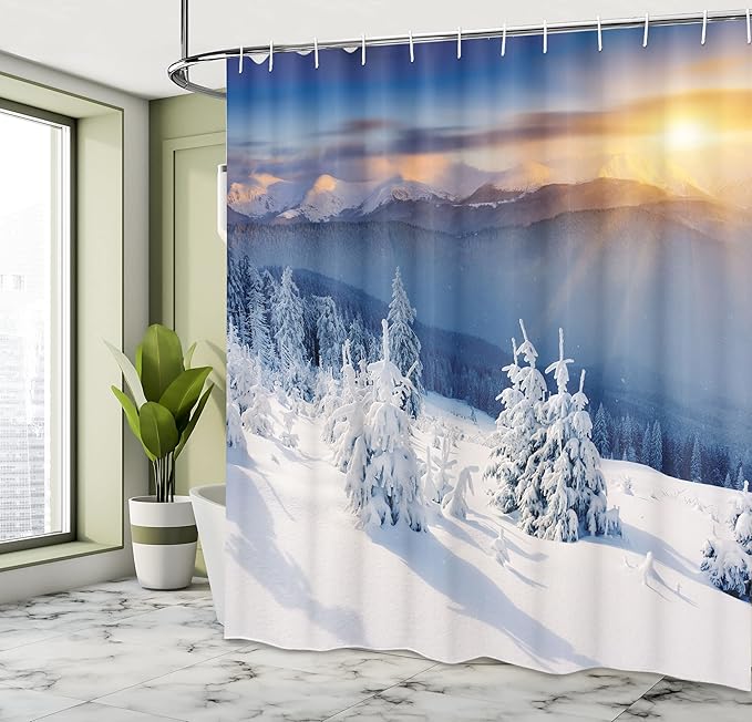 Ambesonne Winter Shower Curtain, Disappearance of Sunrise in Mountain Tops Dramatic Sky Alpine, Cloth Fabric Bathroom Decor Set with Hooks, 69" W x 75" L, Pale Blue