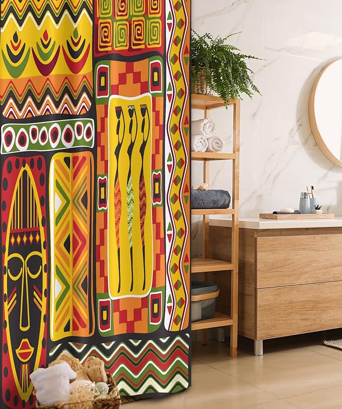Ambesonne African Stall Shower Curtain, Elements Historical Original Striped and Rectangle Shapes Design, Fabric Bathroom Decor Set with Hooks, 36" W x 72" L, Scarlet Yellow