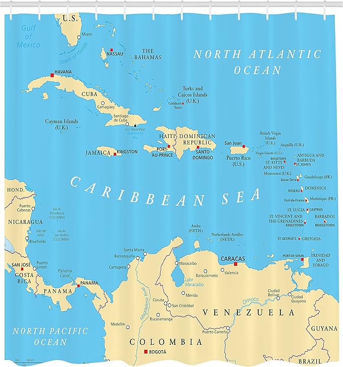 Ambesonne Map Print Shower Curtain, Caribbean Political Map Capitals National Borders Important Cities Rivers Lakes, Cloth Fabric Bathroom Decor Set with Hooks, 69" W x 70" L, Ivory Blue