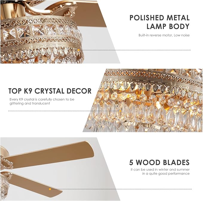 52"Golden Crystal Chandelier Ceiling Fans with Lights and Remote Control | Classical Design,6 Reversible Speeds,30W Quiet DC Motor,5 Wooden Blades,2*E12 LED Bulbs Included,for Living Room Bedroom