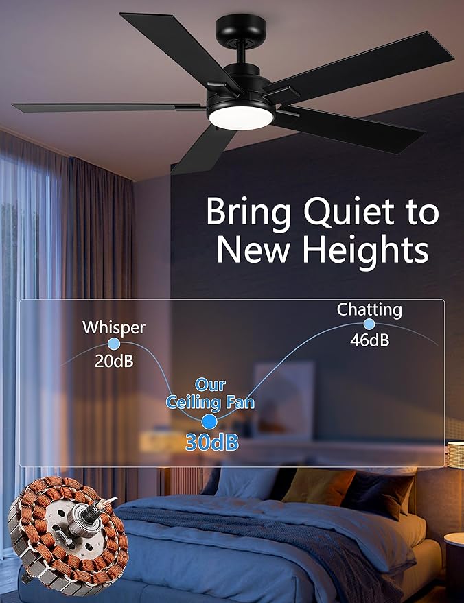 Modern Ceiling Fans with Lights - 52 inch Black Outdoor Ceiling Fan with Light and Remote, Reversible DC Motor, 6-Speed Quiet 3CCT LED Dimmable for Bedroom, Indoor and Outdoor, Patios , ETL Listed
