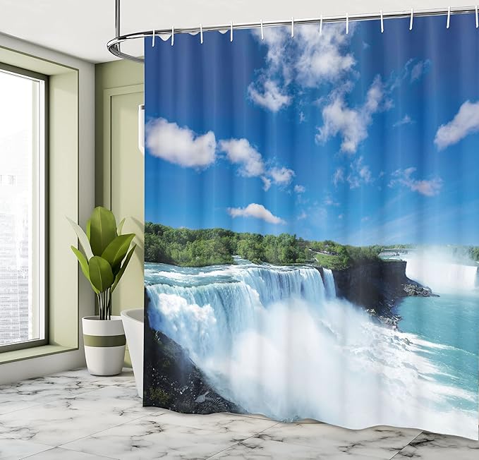 Ambesonne Waterfall Shower Curtain, Big Powerful Niagara Waterfalls Flowing Fastly Dreamy Wild Space Photo, Cloth Fabric Bathroom Decor Set with Hooks, 69" W x 70" L, Blue White Green