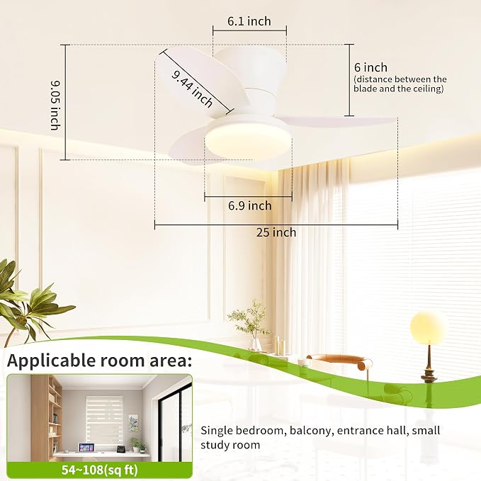 Small Ceiling Fan with Light 25 Inch Light Fixture with Fan for Kids Room | 26W 2600LM 3CCT Flush Mount Low Profile Dimmable Led Fan Light with Remote Control for Kitchen Bathroom Bedroom Garage, White