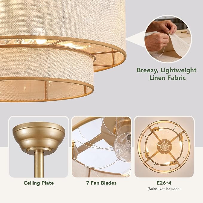 20" Boho Ceiling Fan Light and Remote, Fabric Chandelier Ceiling Fan Light, Caged Fandelier with Lights Flush Mount, 6 Wind Speeds Enclosed Ceiling Fan for Bedroom, Living Room, Dining Room