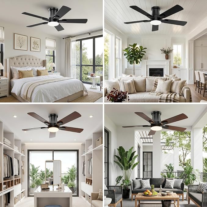 52 Inch Ceiling Fan with Light, Flush Mount Low Profile, Remote & APP Control, Silent Reversible DC Motor, 3CCT Dimmable LED, Black Modern for Bedroom Living Room
