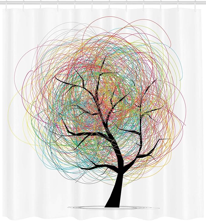 Ambesonne Tree of Life Shower Curtain, Colorful Swirl Doodles Tree with Branches Funky Contemporary Illustration, Cloth Fabric Bathroom Decor Set with Hooks, 69" W x 75" L, Pastel White