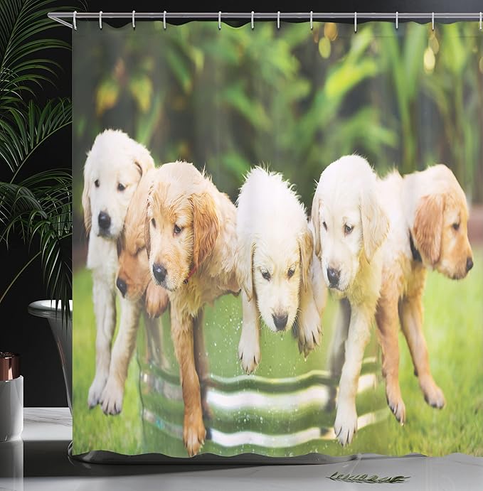 Ambesonne Dog Lover Shower Curtain, Group of Funny Little Golden Retriever Puppies in The Back Yard Spring Family Fried Photo, Cloth Fabric Bathroom Decor Set with Hooks, 69" W x 70" L, Green Beige