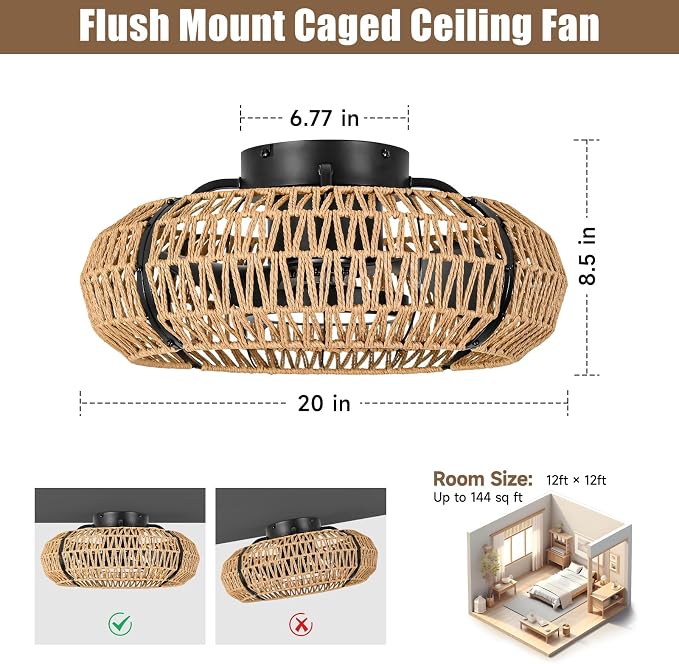 ocioc 20" Caged Ceiling Fans with Lights and Remote,Fandelier Ceiling Fan with Light,Flush Mount Low Profile,Bladeless,Quiet Reversible DC Motor,Boho Rattan Ceiling Fan for Bedroom