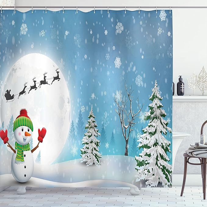 Ambesonne Christmas Shower Curtain, Jolly Snowman Under Full Moon Waving to Santa Claus with Reindeer Sleigh, Cloth Fabric Bathroom Decor Set with Hooks, 69" W x 70" L, Blue and White