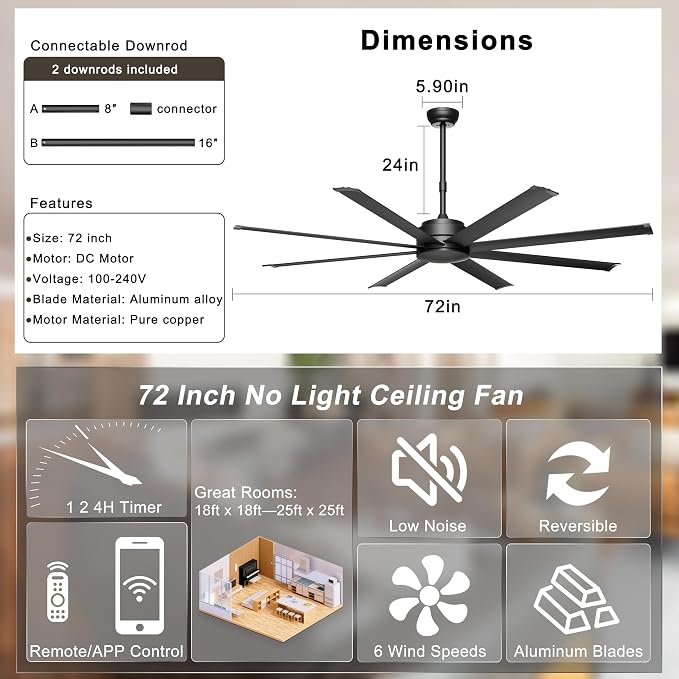 Ohniyou 72" Black Industrial Ceiling Fans No Lights for Shops, Garages | Remote & APP Control, Reversible DC Motor, 8 Aluminum Blades, Covered Outdoor Metal Fan