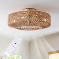 20" Boho Caged Fandelier with Lights Flush Mount Rattan Ceiling Fan with Lights and Remote Control, Enclosed 6 Speeds Low Profile Fan Light for Bedroom, Living Room, Kitchen