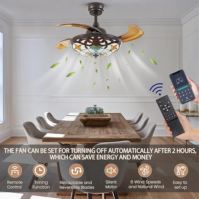 36" Tiffany Style Ceiling Fan with Lights, Remote Control Led Dimmable Fandelier Fixture with 4 Retractable Reverse Blades, Vintage Stained Glass Suit for Bedroom Living Room