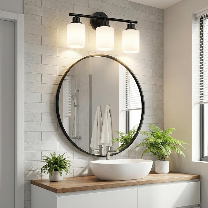 Unicozin 3 Light Bathroom Light Fixtures, Modern Vanity Lights with Milky Glass Shade, Black Wall Lamp Over Mirror for Bathroom, Living Room, Cabinet, Bedroom, E26 Base