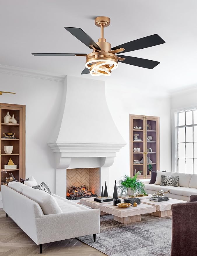 52" Black and Gold Modern Chandelier Fandelier Ceiling Fan with Light | DC motor, reversible, dimmable, 3 adjustable rings for DIY shape; recommended for bedroom, living room, and indoor use.