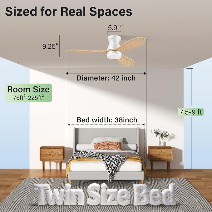 42" Wood Ceiling Fans with Lights,Smart Control via Remote WiFi Alexa APP,Quiet DC Motor,Modern Flush Mount Ceiling Fan for Low Profile Bedroom,Patio,3 Blade,Natural Wood and White,Outdoor Indoor,Dim