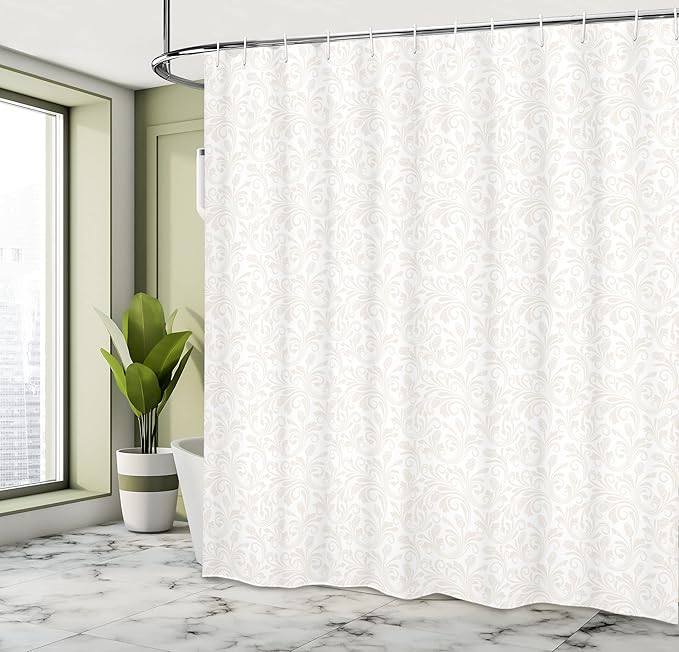 Ambesonne Ivory Shower Curtain, Medieval Victorian Petals Baroque Soft Toned Blooms Swirls Flourish Spring Pattern, Cloth Fabric Bathroom Decor Set with Hooks, 69" W x 70" L, White Beige
