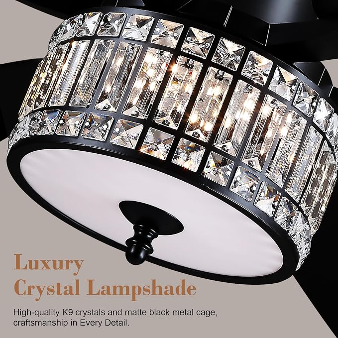 Kviflon 52 Inch Crystal Ceiling Fan with Lights and Remote/APP Control, Black Fandelier Ceiling Fan with Light, Modern Chandelier Ceiling Fan for Bedroom Living Room, Quiet DC Motor, Dimmable LED