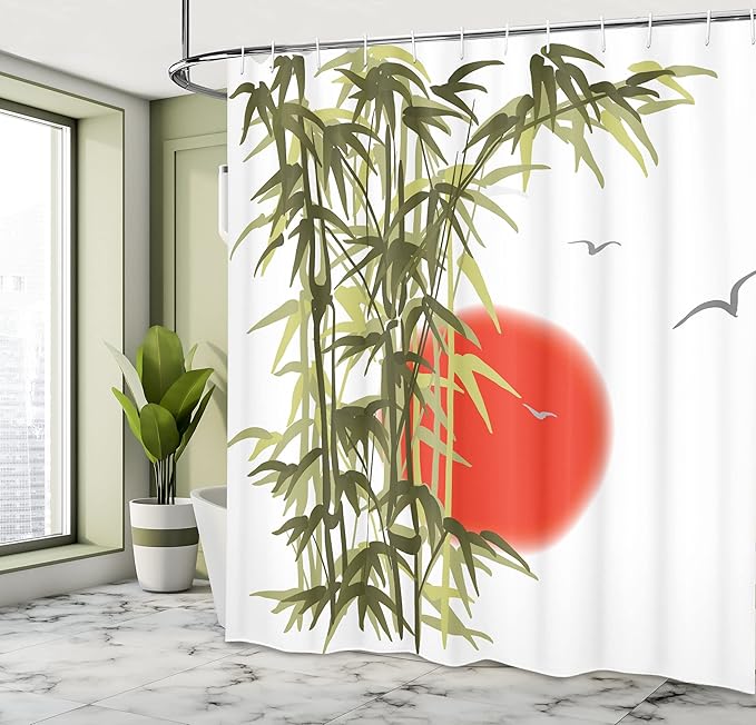 Ambesonne Asian Shower Curtain, Abstract Trees on Sunset Background Design Birds and Sun Image Folk Vibes, Cloth Fabric Bathroom Decor Set with Hooks, 69" W x 75" L, Olive Green Vermilion