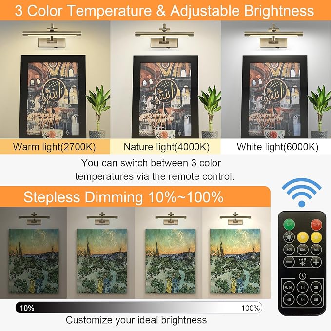 Tassuowell Wireless Picture Lights for Wall,12 Inch Battery Operated Picture Light,3CCT Dimmable Lights for Pictures on Wall with Timer and Remote for Display Photo Frame (Antique Bronze, 12inch)