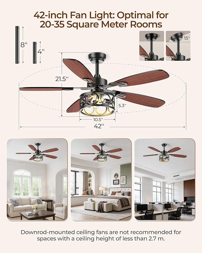 Ceiling Fans with Lights and Remote, 42'' Vintage Caged Ceiling Fan with Light, 5 Blades, 6+1 Speed, Flush Mount Ceiling Fan Whisper-quiet for Farmhouse, Living Room, Kitchen and Porch (42 Inch)