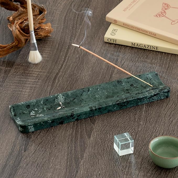 Marble Incense Holder Burner-Natural Stone Stick Incense Tray with Ash Catcher，20 Sticks & Brush - Elegant Decor for Meditation, Yoga, Home,Gift(Green)