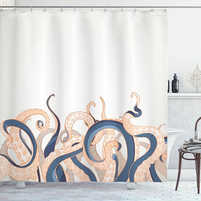 Ambesonne Octopus Shower Curtain, Animal Tentacles Background Underwater Marine Nature and Sea Creatures Nautical, Cloth Fabric Bathroom Decor Set with Hooks, 69" W x 70" L, Azure Blue