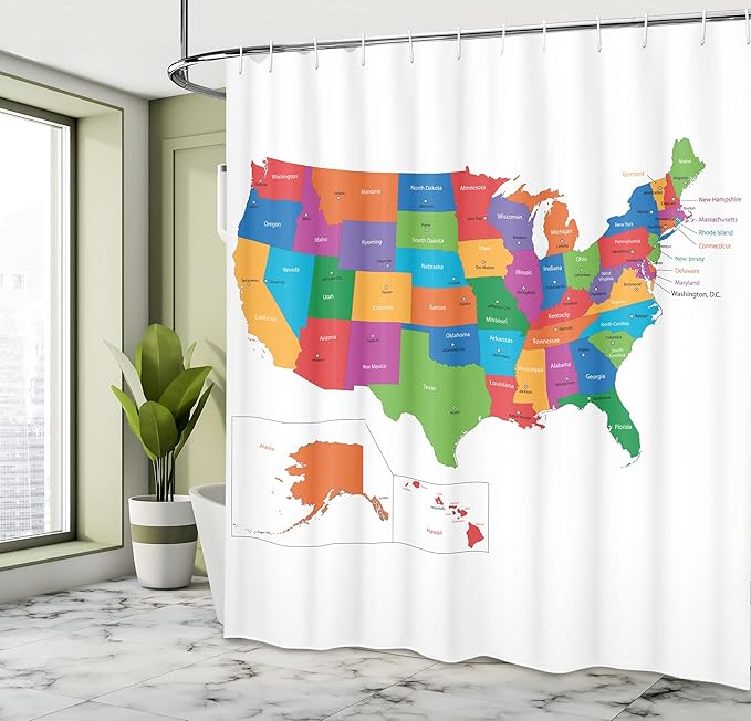 Ambesonne Colorful Shower Curtain, Design Borders with States and Cities United States of America US Map Print, Cloth Fabric Bathroom Decor Set with Hooks, 69" W x 70" L, Multicolor