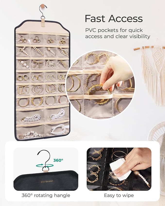 BAGSMART Earring Holder Organizer, Hanging Jewelry 56 Pocket Storage Storage for Women Accessories, Earring for Wall Holding Jewelries Black, 1 Piece