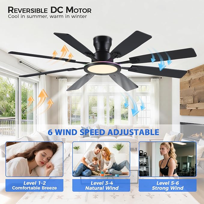 Ayaoty Ceiling Fans with Lights -60in Flush Mount Ceiling Fan with RGB Dimmable, 3CCT 6 Wind Speeds and Reversible Quiet Motor, Low Profile RGB Fan Light for Modern Indoor, Party - Black