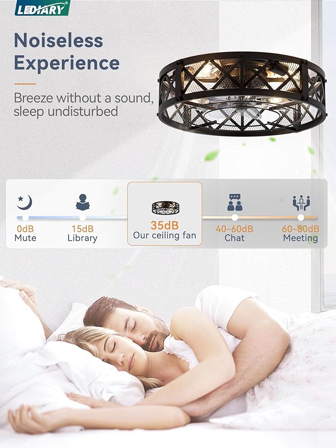 LEDIARY 20" Caged Ceiling Fan with Light, APP&Remote Control, Small Flush Mount Farmhouse Fan Lights, Low Profile Rustic Bladeless Ceiling Fan Fixtures for Bedroom, Kitchen-Black Color