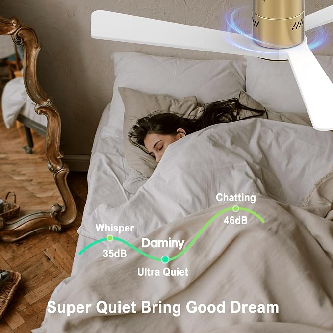 DAMINY Natural Solid Wood White and Gold 52 inch Ceiling Fan with Light,3 Blades,6CCT,Low Profile Ceiling Fan with Light and Remote Control, APP Control,Flush Mount