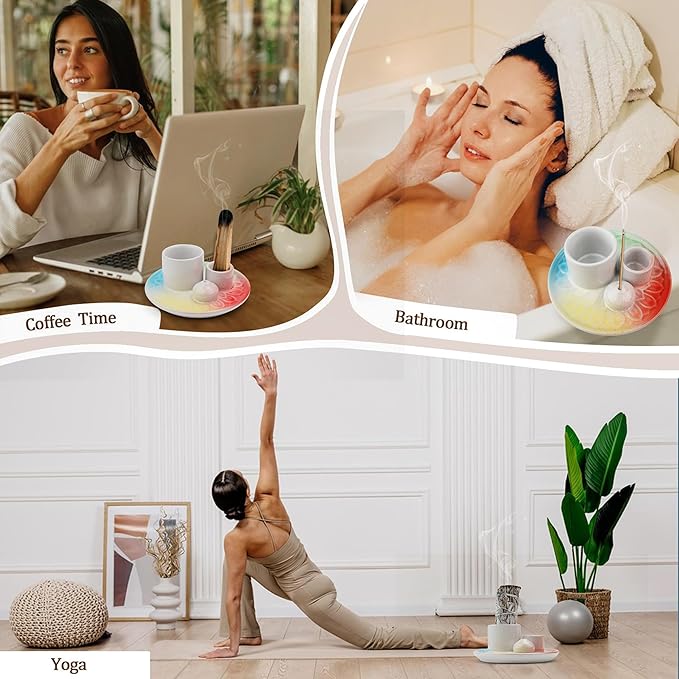 4 in 1 Incense Burner Holder,Sage Holder for Burning,Palo Santo Holder,Candle Holder,Ceramic Incense Burner Ash Catcher Tray for Meditation Yoga Room (Pastel Rainbow)