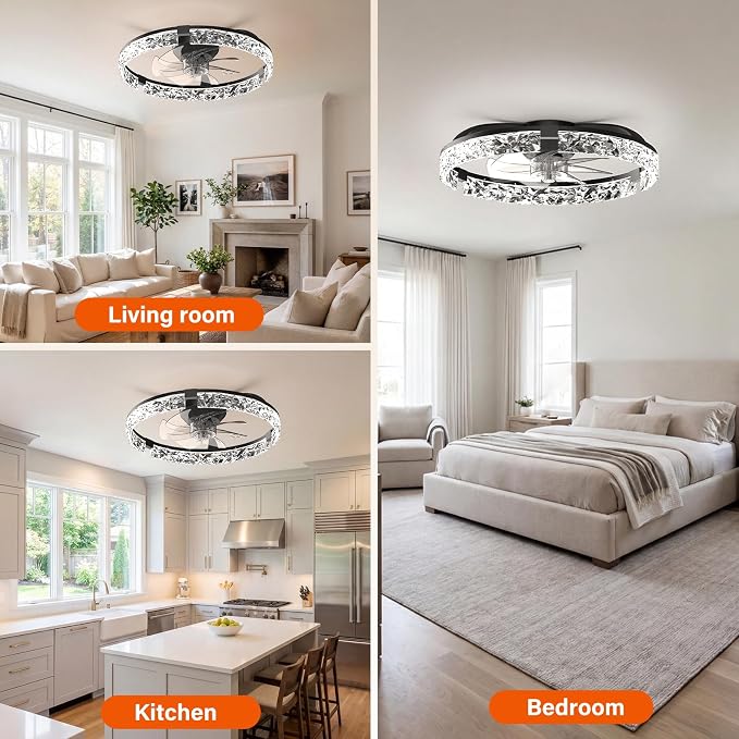 Ceiling Fans with Lights and Remote,20''Low Profile Ceiling Fan,3000-6000K Dimmable Modern Flush Mount LED Fan Light,6 Wind Speeds for Bedroom (Black, 20-inch Foldable Diamond)