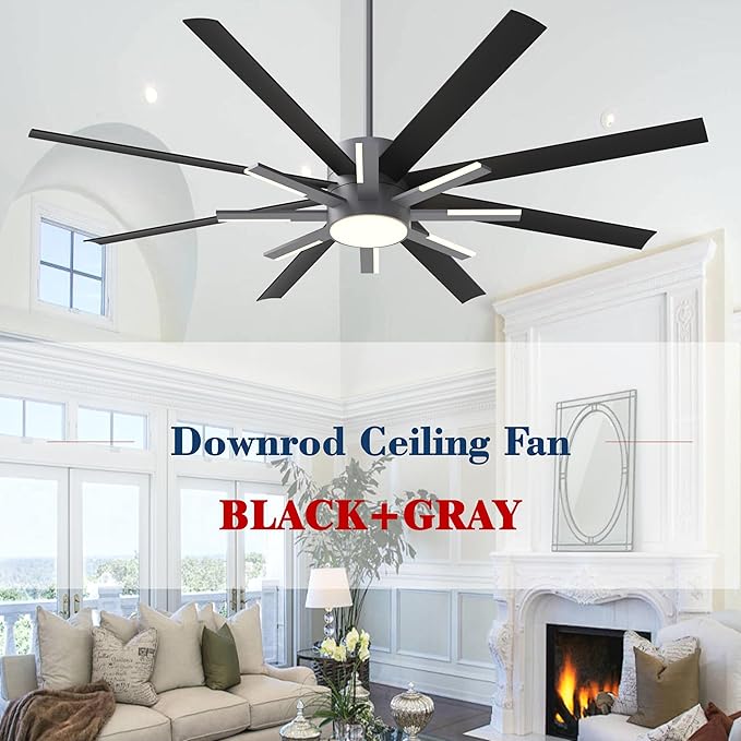 72 inch Black Ceiling Fans with Lights and Remote, Modern Large Ceiling Fan for Living Room Bedroom Patio，6 Speed Reversible，8 Blades and 9 Lights，3 CCT，Black Gray