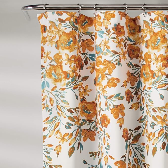 Lush Decor Tanisha Shower Curtain, 72" W x 72" L, Tangerine & Turquoise - Orange & Blue Flower Vine Print - Beautiful & Elegant Floral Shower Curtain - Modern Farmhouse & Cottage Bathroom Decor