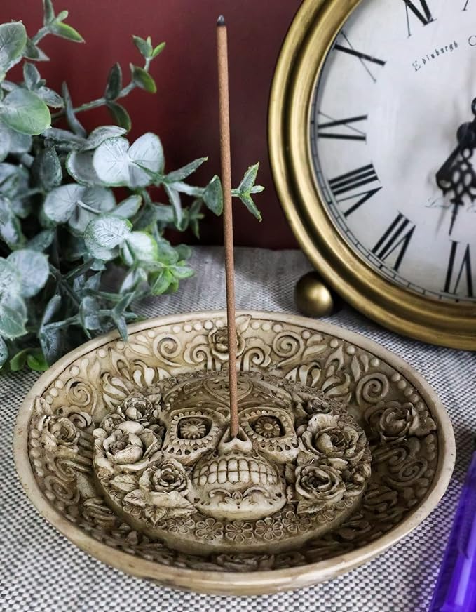 Ebros Day of The Dead Inca Floral Rose Sugar Skull Incense Stick Burner Holder Medallion Dish Figurine Skeletons Halloween Ossuary Aromatherapy Coin Jewelry Dishes Decorative Accent