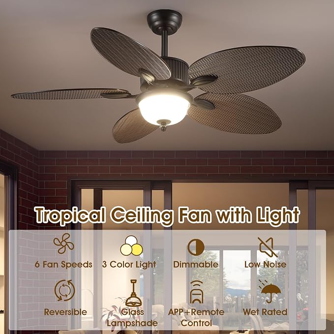 Wiviniya 50 Inch Tropical Ceiling Fans with Lights, Palm Leaf Waterproof Outdoor Ceiling Fan for Patios Porch, Remote/APP Control, Wet Rated, Glass Lampshade, Quiet DC Motor, Dimmable LED, Dark Brown
