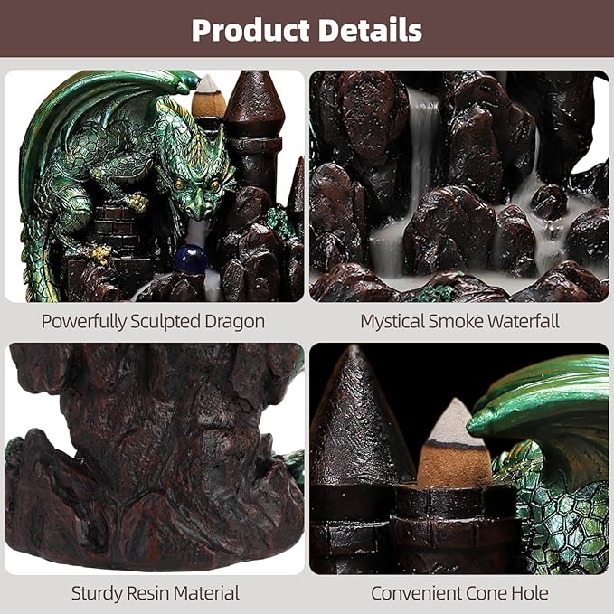 Dragon Backflow Incense Burner, Waterfall Incense Burner Mountain Backflow Incense Holder,Resin Castle and Dragon,Includes 60 Sandalwood Cones and Tweezers,for Home Decoration and Relaxation