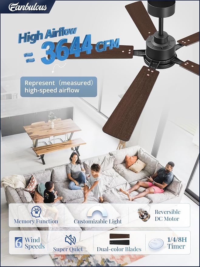 52 Inch Ceiling Fan with Light and Remote, 6 Speeds Reversible DC Motor Ceiling Fans for Bedroom Living Room Patio, 3CCT Dimmable LED, 5 Wood Blades, Downrod Mount, Sloped Ceiling Compatible
