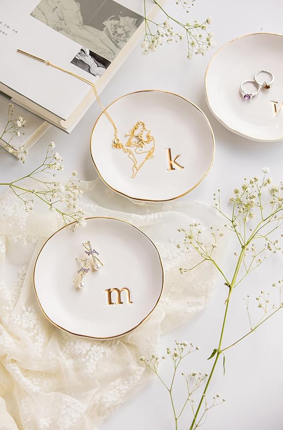 COLLECTIVE HOME Ceramic Jewelry Tray, Trinket Dish, Gifts for Women (C) | Mother's Day, Birthday, Christmas, Engagement Gifts, Vanity, Nightstand Decor, Embossed Gold Monogram Ring Dish with Gift Box