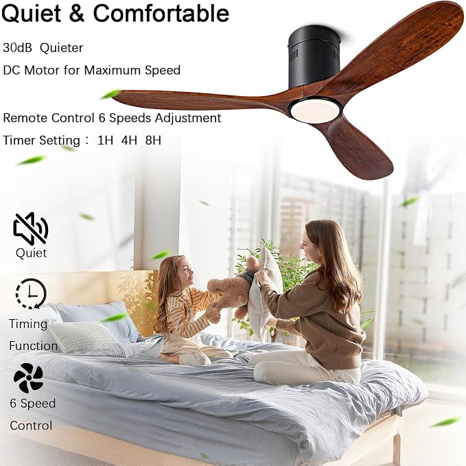 52” Ceiling Fan with Light with 6 Speed Remote/APP Control, Solid Wood Fan Blade, 3CCT Dimmable LED, Silent, Recessed Ceiling Fan for Bedroom, Hallway