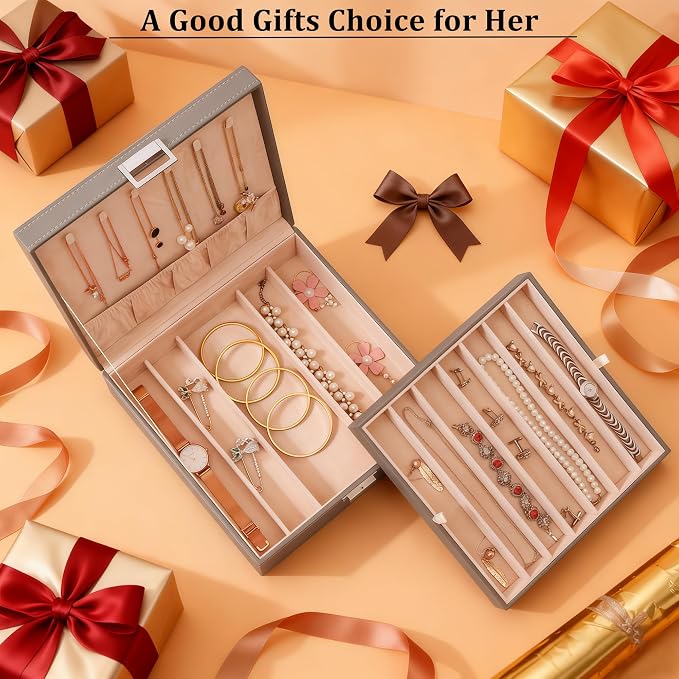 BEWISHOME Jewelry Box Organizer, 2-Layer Necklace Organizer Box, Modern Style Necklace And Bracelet Storage Case, Necklace Case for Women, Girls Mothers Day (Grey SSH31H)