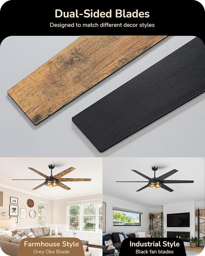 EDISHINE 70" Large Farmhouse Ceiling Fans with Lights and Remote,10%-100% Dimmable, Wood Blades, 8000CFM Indoor Black Ceiling Fan for Living Room Patio Office, 6 Speed Reversible Quiet DC Motor