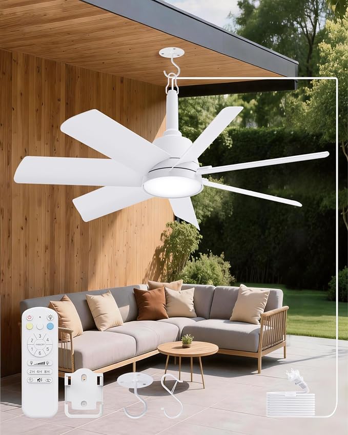 LANMEL Outdoor Gazebo Ceiling Fan with Light and Remote, 28 Inch, White | Plug-In, IP65 Waterproof, Hanging with Hook, 6 Speed, Reversible, 3CCT, Dimmable, Portable, for Patio, Canopy, Porch, RV