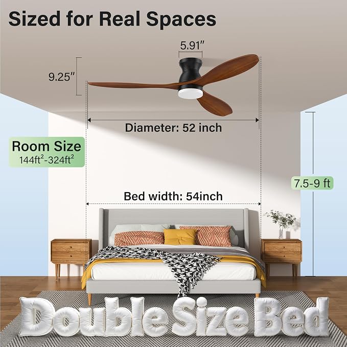 52" Wood Ceiling Fans with Lights Remote,Smart Control via Alexa APP,Quiet DC Motor,Flush Mount Ceiling Fan for Low Profile Living Room,Patio,Indoor Outdoor,Black&Walnut Brown,3 Blade,6 Speed,Dim LED