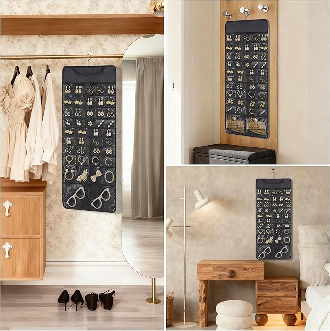 FOREGOER Hanging Jewelry Organizer Storage Roll 88 Zippered Pockets,Dustproof Foldable for Travel,Double-Sided Accessories Organizer Holder for Earring Necklace Ring on Closet Wall Door(Black,1 Pack)