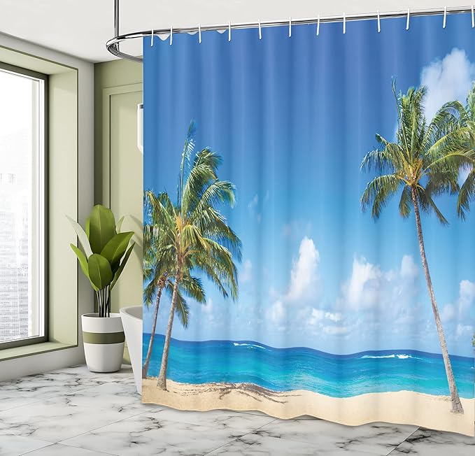 Ambesonne Hawaiian Shower Curtain, Windy Exotic Island with Tropical Trees Calm Beachy Theme Ocean Photography Print, Cloth Fabric Bathroom Decor Set with Hooks, 69" W x 84" L, Green Grey