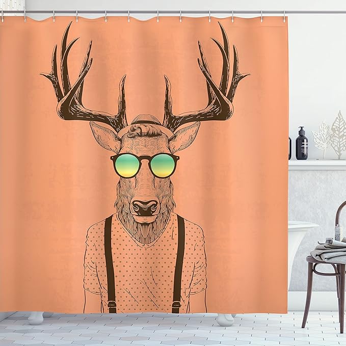 Ambesonne Antlers Shower Curtain, Illustration of Deer Dressed up Like Cool Hipster Fashion Creative Fun Animal, Cloth Fabric Bathroom Decor Set with Hooks, 69" W x 84" L, Dark Peach